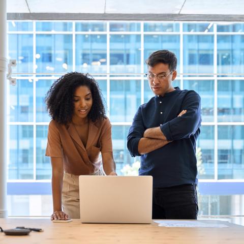 A woman and a man standing in front of a computer in an office, talking to each other.